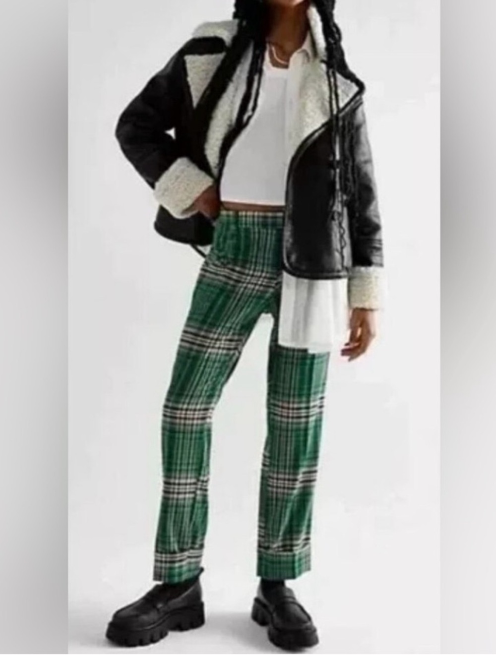 FREE PEOPLE All For Me Green Plaid Rolled Low Rise Slim Straight Leg Pants-Sz 10